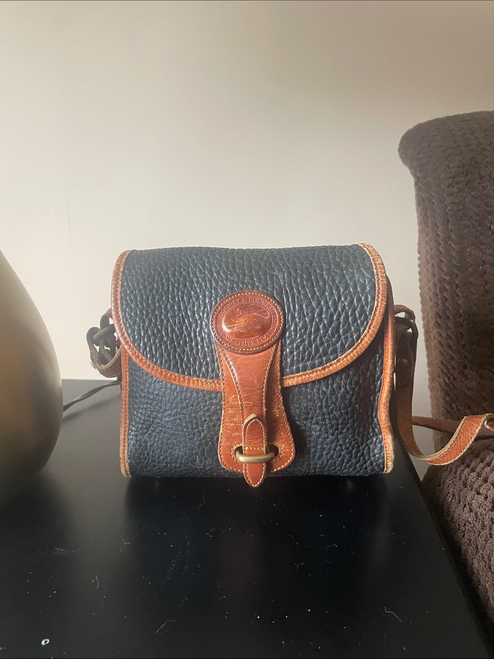Dooney & Bourke Black Pebbled Leather Messenger with Brown Trim